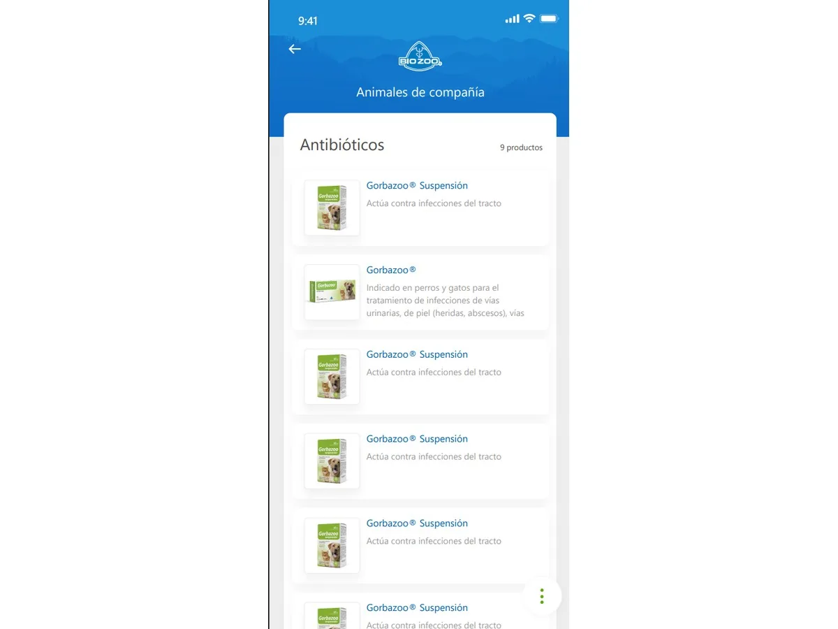Listado de productos veterinarios